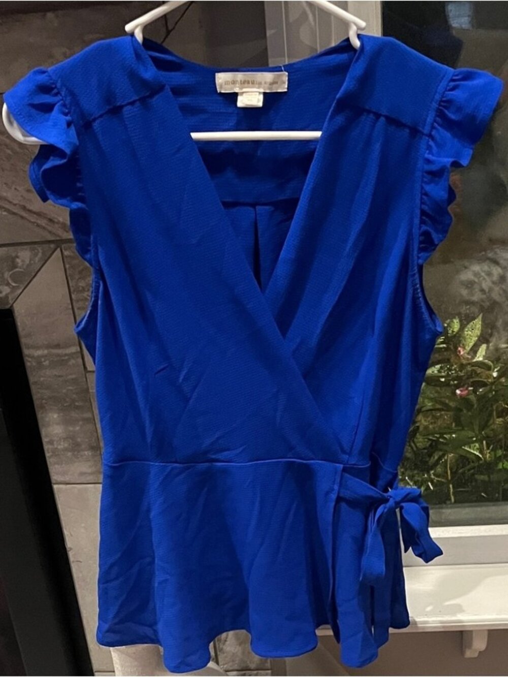Blue Ruffle Sleeve Wrap Blouse